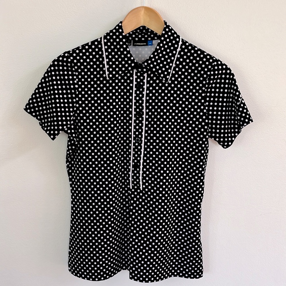 J Lindeberg | Golf Navy Blue Short Sleeve Polo Collar | Polka dot print Sz Small